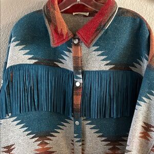 Main Strip Teal and Red Fringe Cardigan